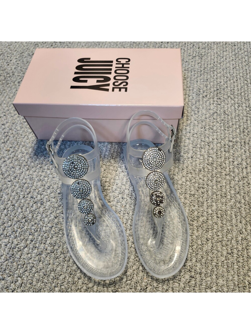 Juicy Couture Clear Jelly Sandals with Rhinestone Circle Accents Size 7 New